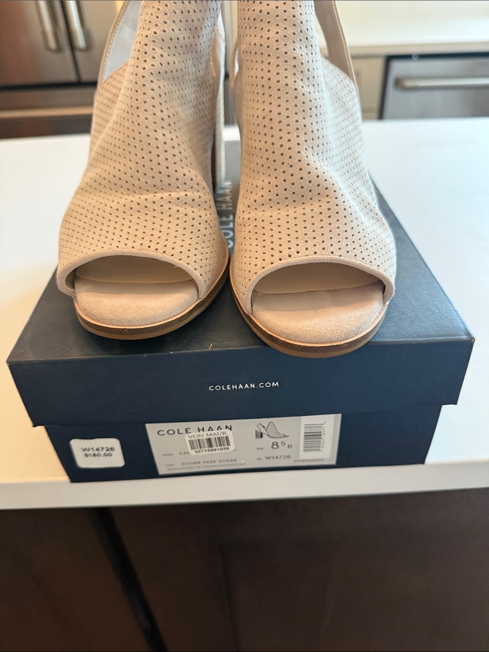 Cole Haan Beige Peep-Toe Perforated Heeled Booties